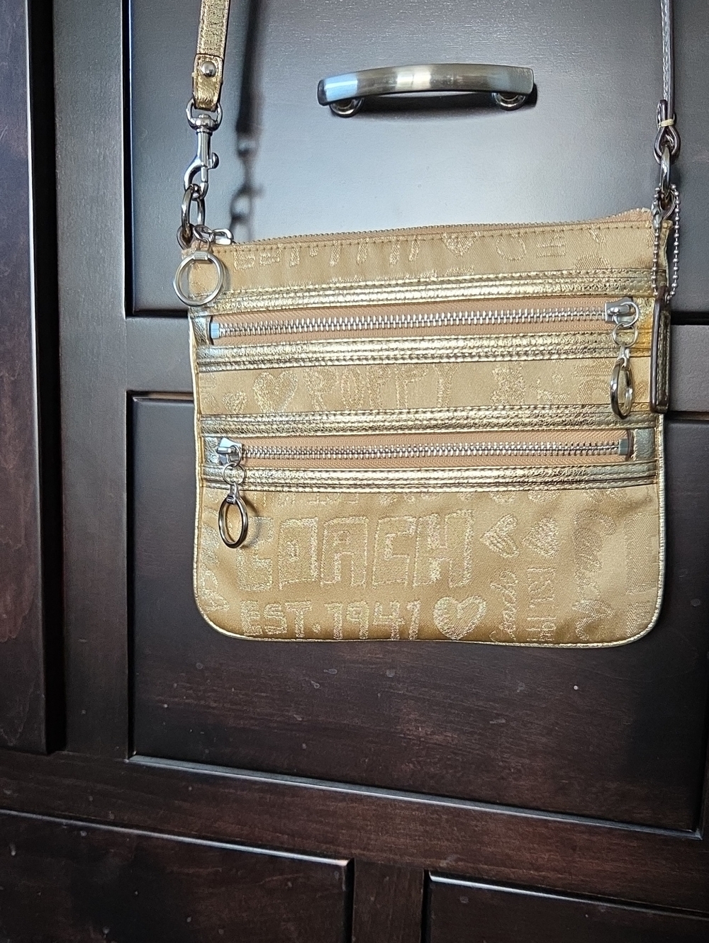 Coach Poppy Metallic Gold Triple-Zip Crossbody Bag